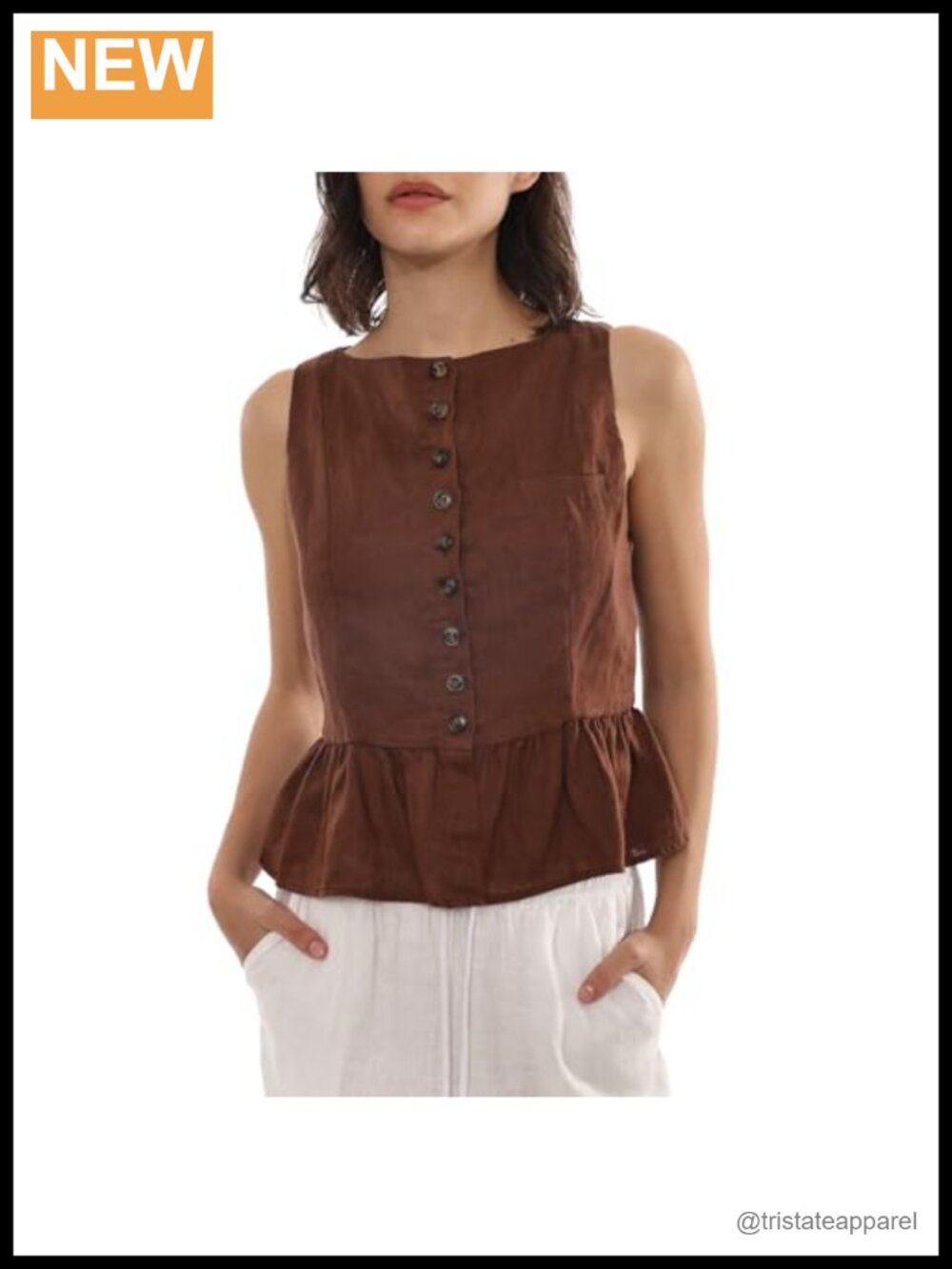 Women's Linen Peplum Tank Top Button Front Ruffled Hem Sleeveless